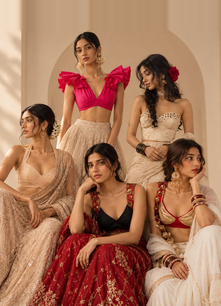 Five women in designer blouses under an arch — a pink ruffled blouse, a strapless corset, a draped halter and two embellished cholis