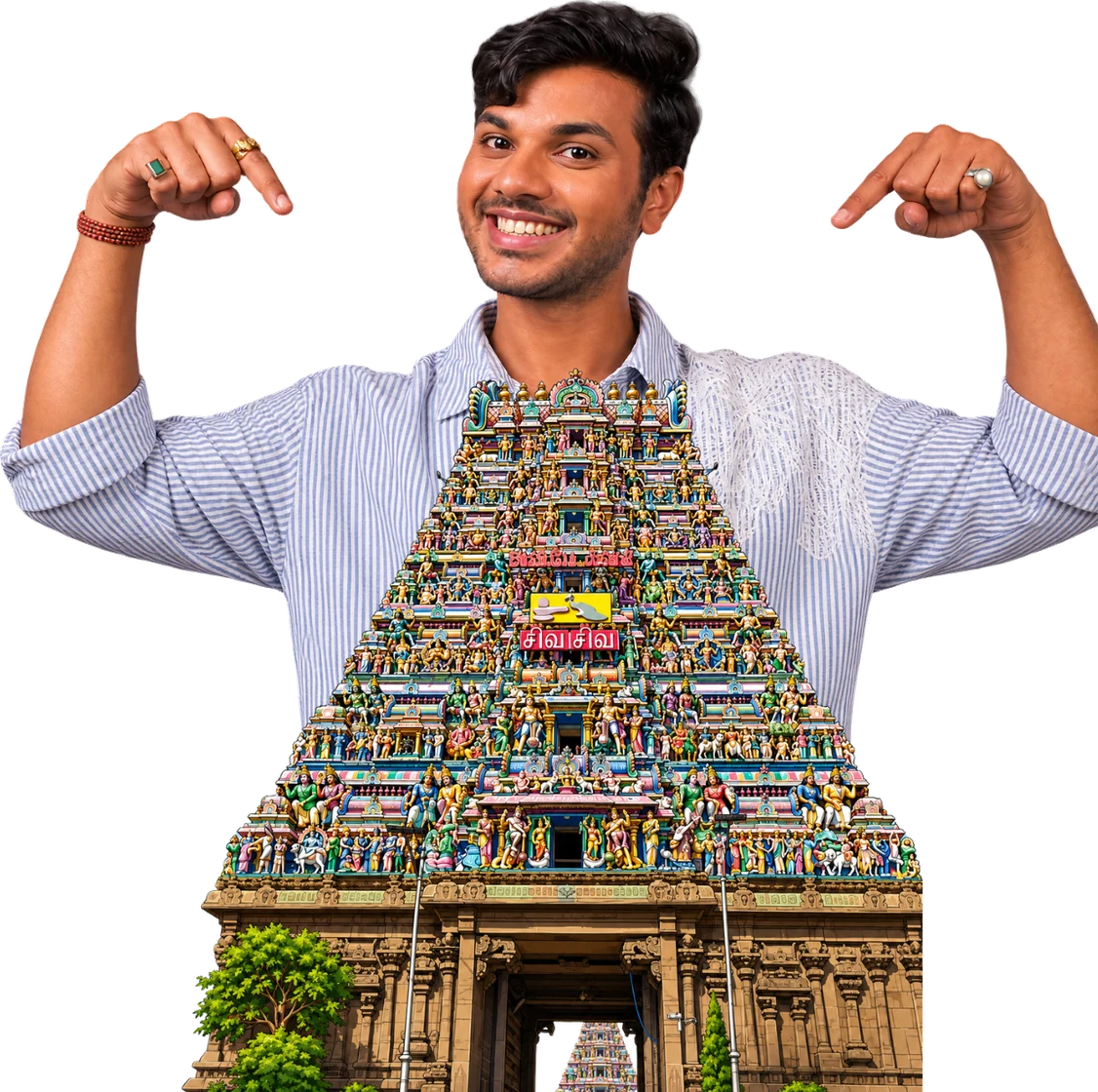 Ritvik Chauhan behind an illustration of the Kapaleeshwarar Temple, Chennai
