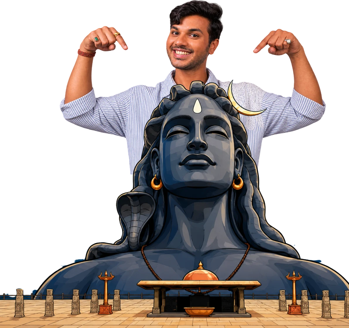 Ritvik Chauhan behind an illustration of the Adiyogi statue, Coimbatore