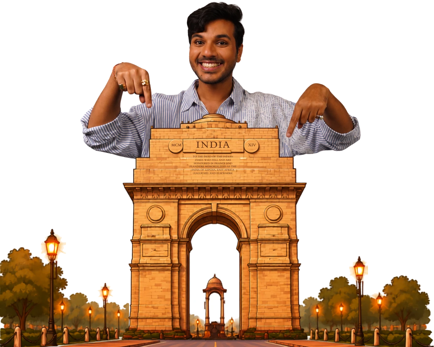 Ritvik Chauhan behind an illustration of India Gate, Delhi