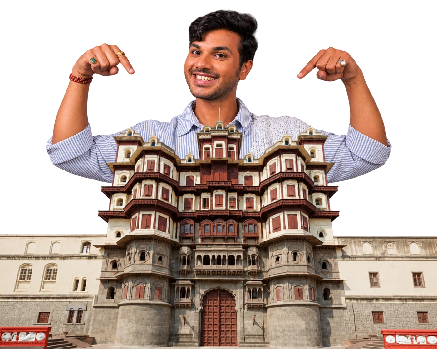 Ritvik Chauhan behind an illustration of the Rajwada palace, Indore