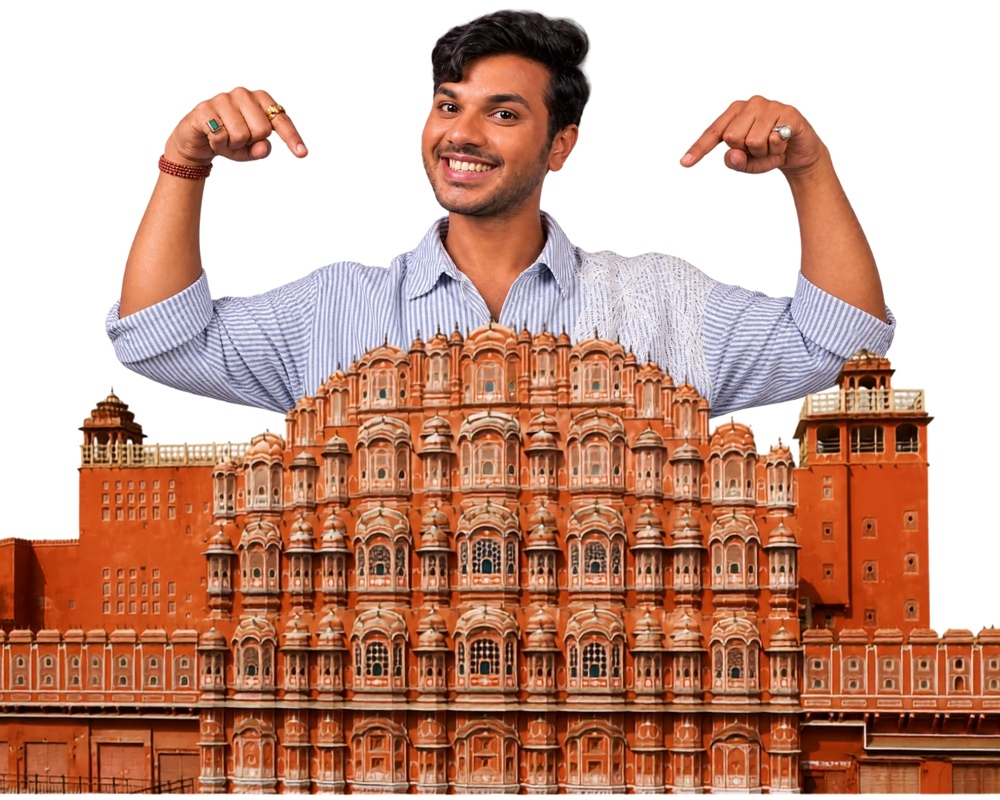 Ritvik Chauhan behind an illustration of Hawa Mahal, Jaipur