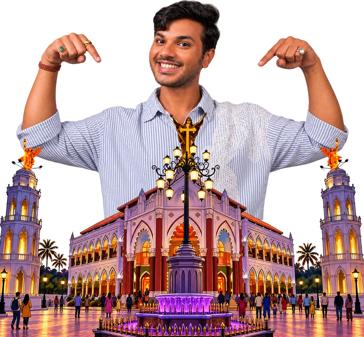 Ritvik Chauhan behind an illustration of a landmark basilica in Kochi