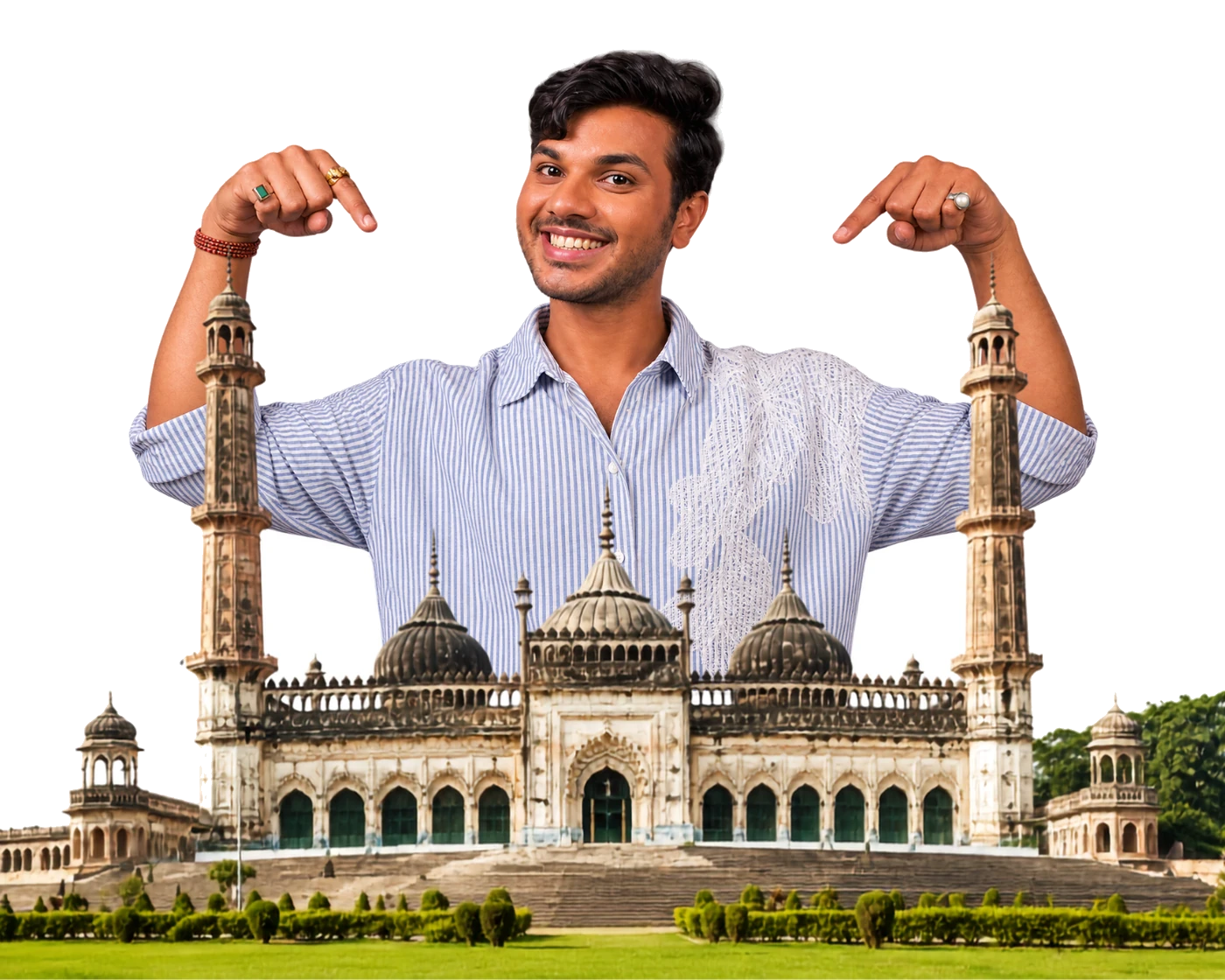 Ritvik Chauhan behind an illustration of the Bara Imambara, Lucknow
