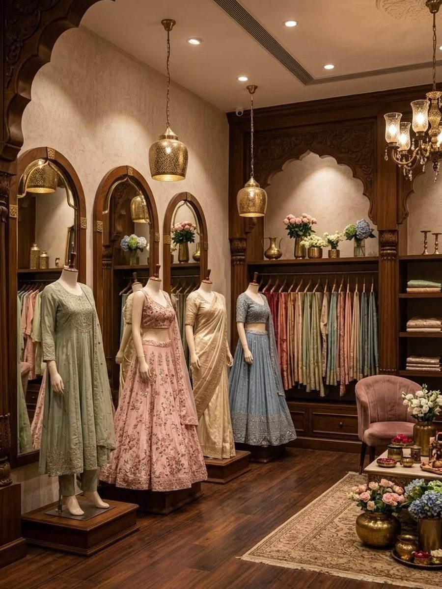 A fashion boutique interior with lehengas and sarees on display