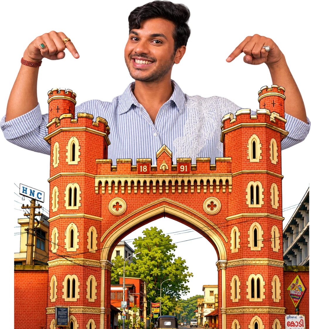 Ritvik Chauhan behind an illustration of a red-brick heritage archway in Trivandrum