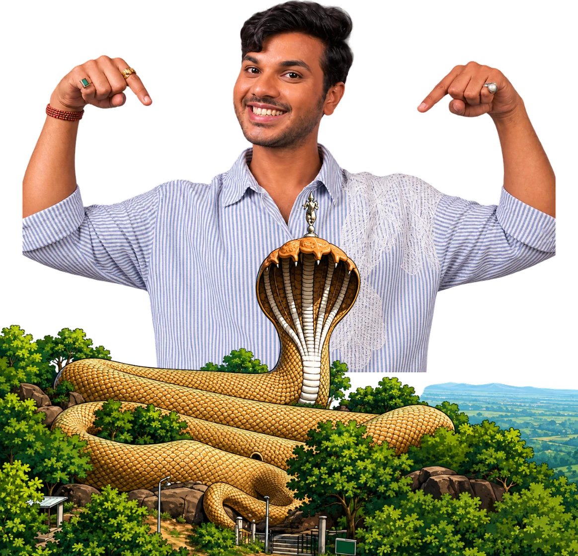 Ritvik Chauhan behind an illustration of the hilltop naga sculpture in Visakhapatnam
