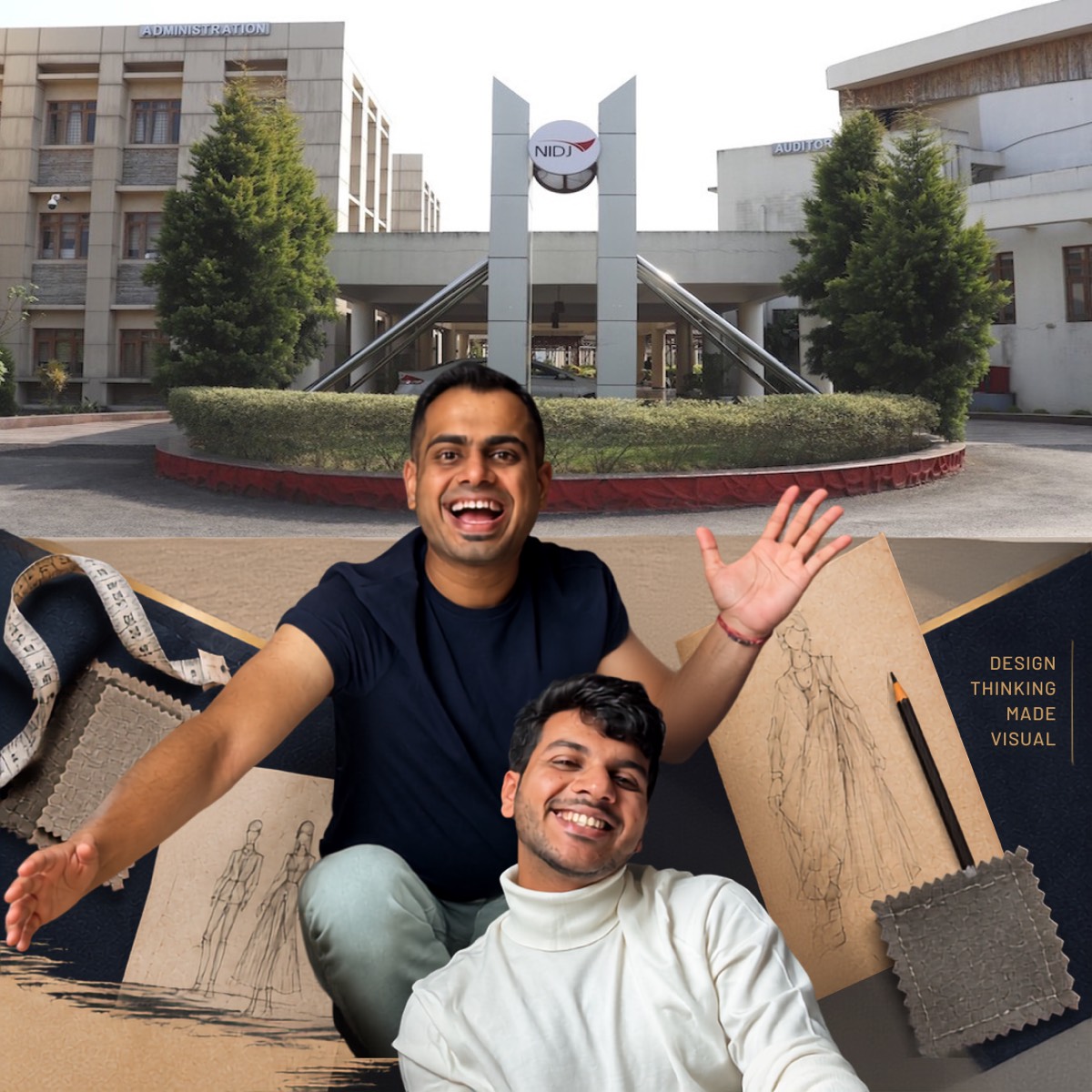 Prateek Bharadwaj and Ritvik Chauhan outside the National Institute of Design campus, with fashion sketches, fabric swatches and a measuring tape