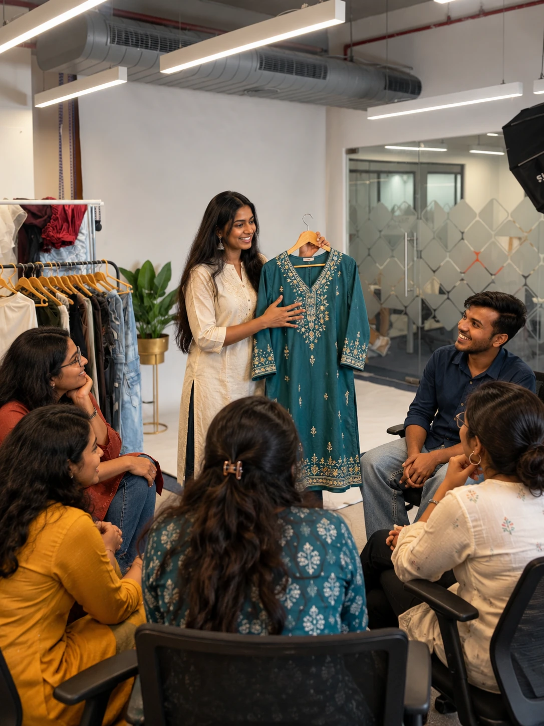 A woman founder presenting her product to the circle