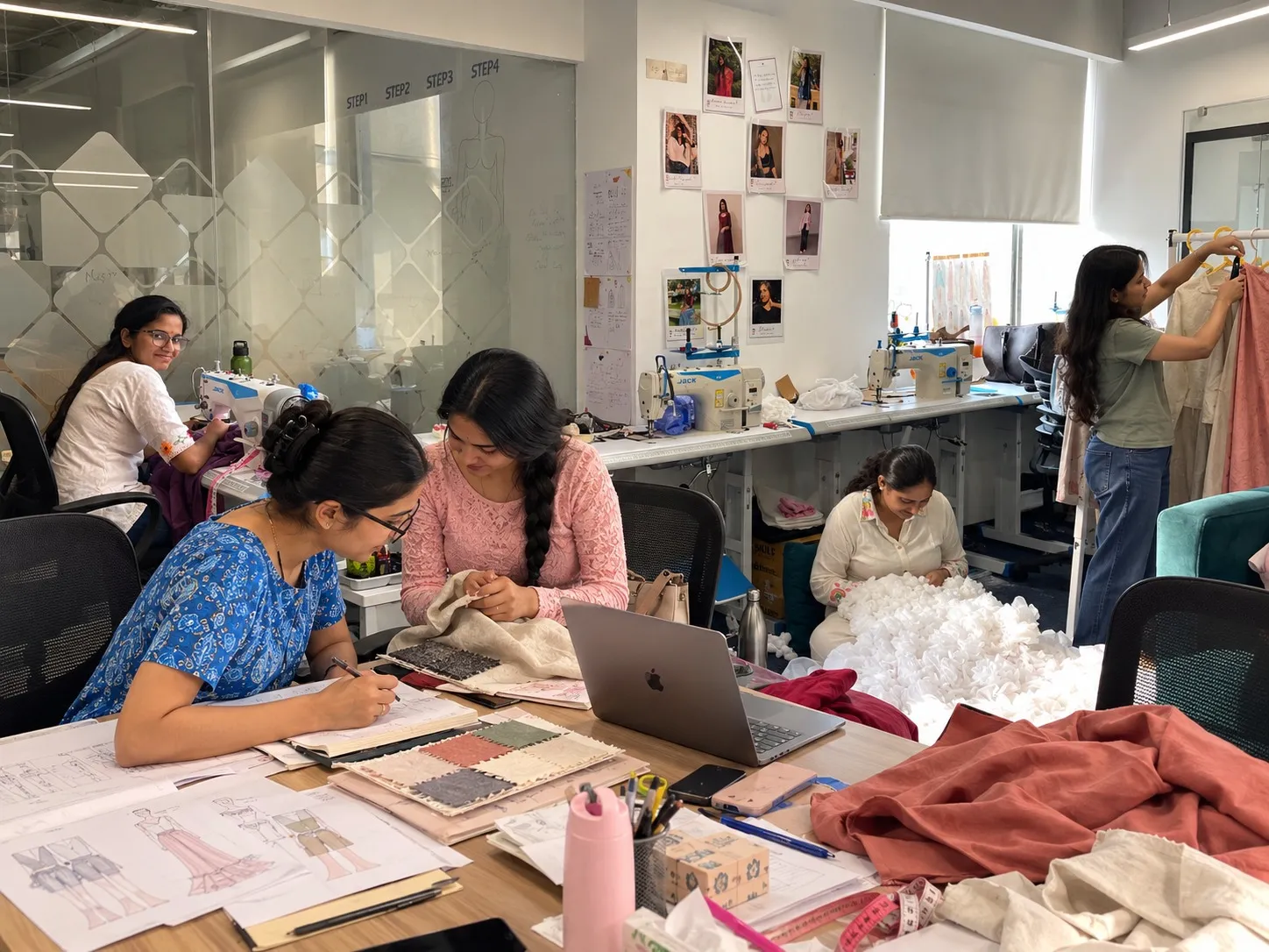 Founders working on sketches and fabric swatches in the studio