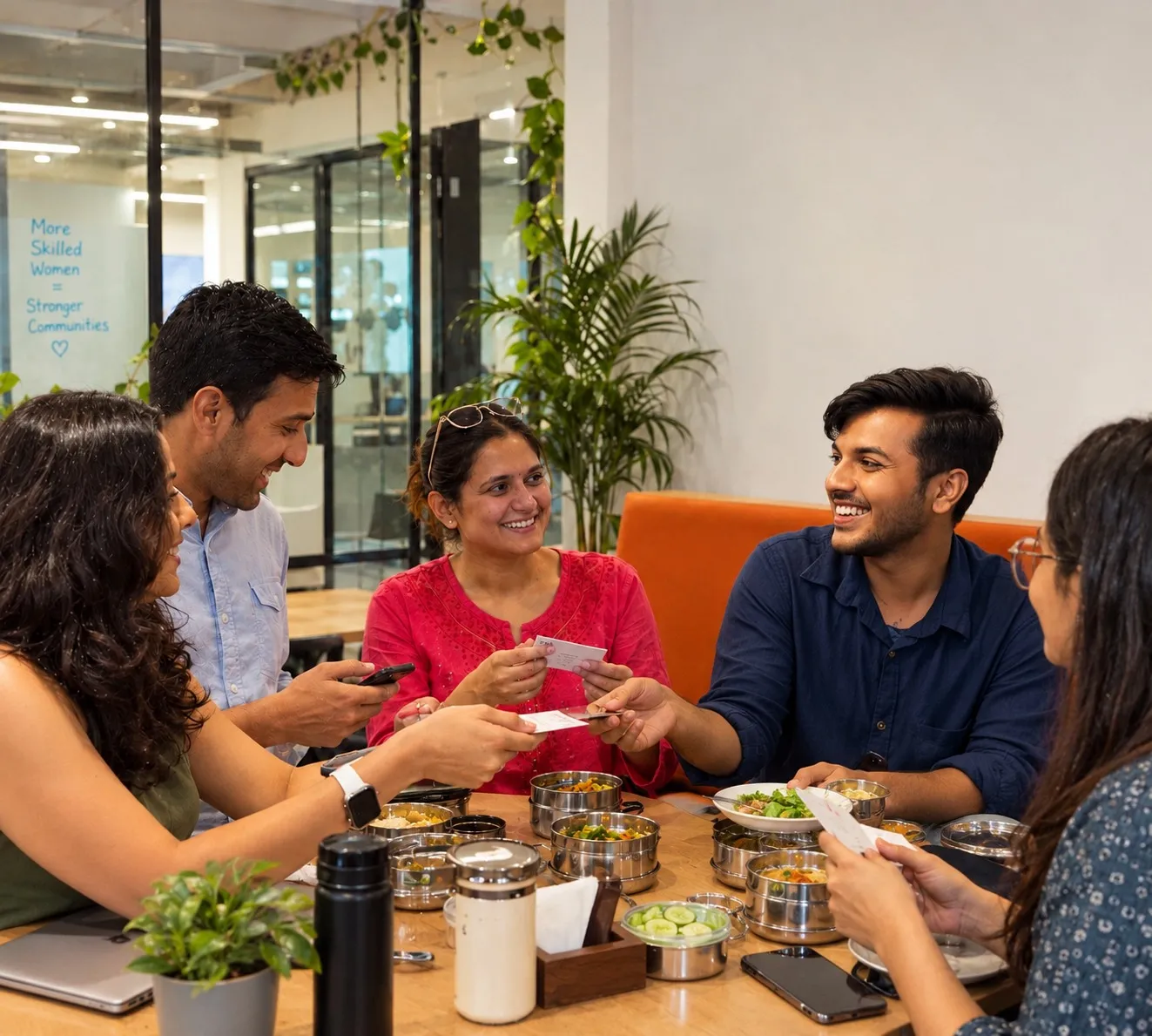 Founders swapping cards over lunch at the table