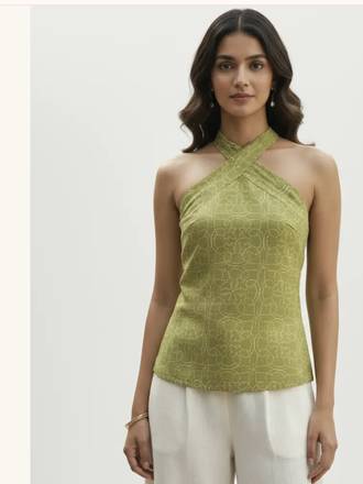 Green Embroidered Halter Neck Mini Dress